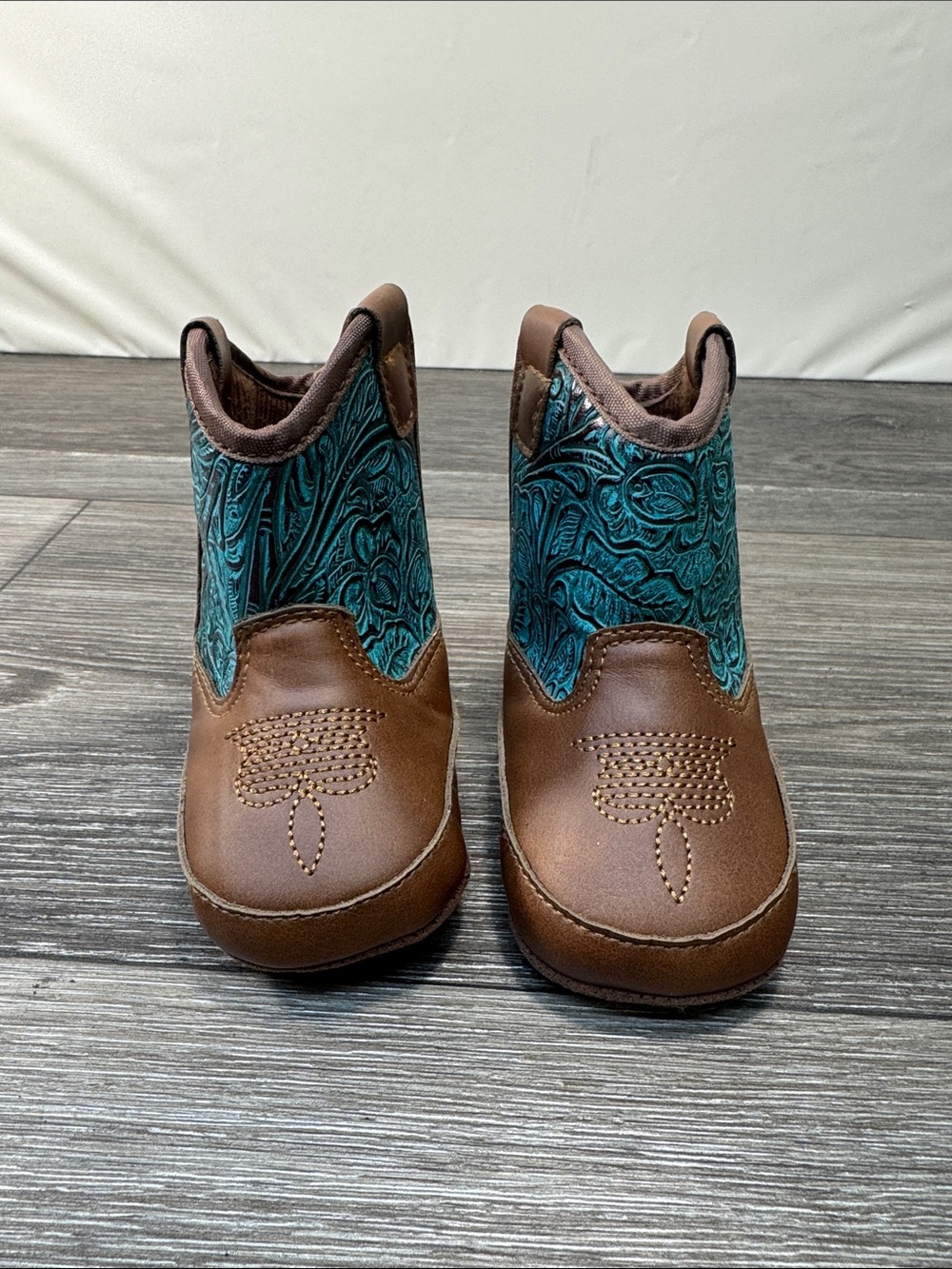 Ariat Brown and Teal Embossed baby Western Booties